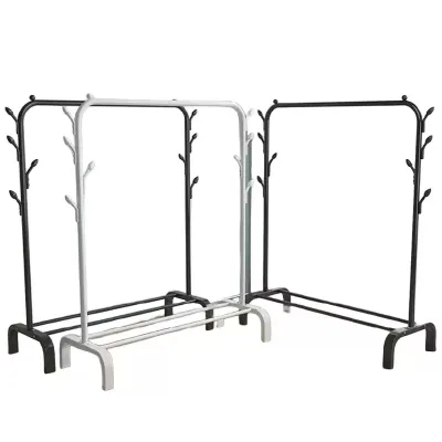 Hot Sale Entryway Floor Standing Metal Clothes Rack with Single Bar, Hanging Rail, Shoe Shelf & Space-Saving Storage for Home