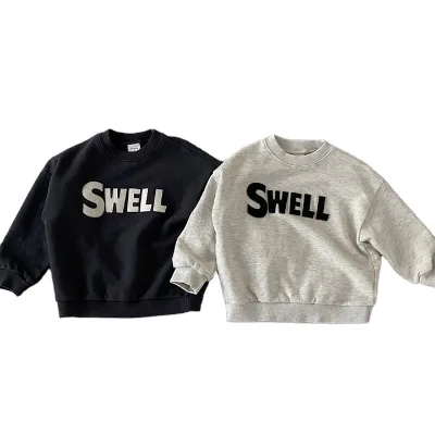 Kids Winter Sports Long-sleeve Blouse Toddler Baby Boys Fashion Loose Fleece Letters Printed Round Neck Pullover Sweatshirt