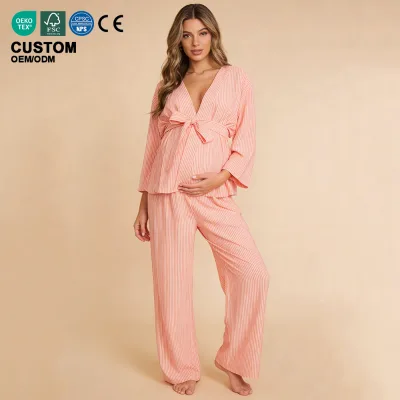 Baifei Custom Printing Maternity Nursing Pajamas Set Loose Summer 2pcs Long Sleeves Bamboo Pajamas Women Maternity Sleepwear Set