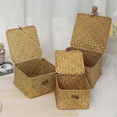 Natural Hand-Woven Classic Multipurpose Home Decor Tabletop Organizer Seaweed Box for Storage Basket