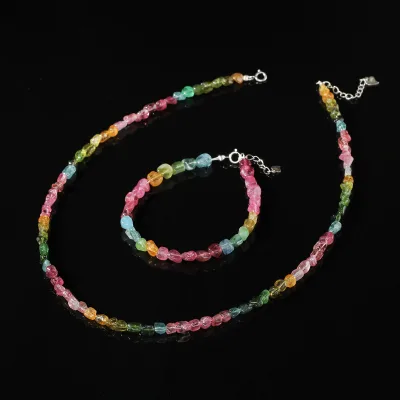 Fashionable 5mm 925 Button Silver Tourmaline Crushed Stone Women's Beaded Bracelet Necklace Jewelry Accessory