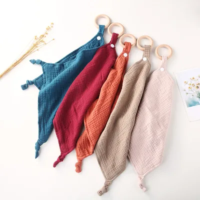 100% Cotton Muslin Baby Sensory Comforter Blanket with Wooden Teether Ring Soft Toy Animal Bunny Shape Eco-friendly Material