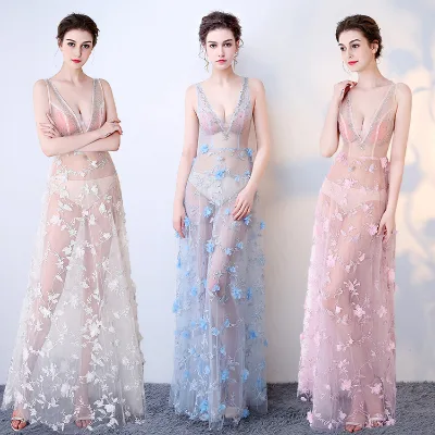 2025 Sexy See Through Party Dress Women Lace 3D Flower Embroidery Dress chushi