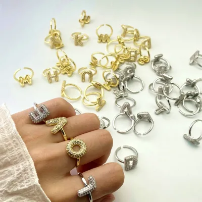 Hot Selling Full Zircon 26 Bubble Letter Rings Zircon Bubble Alphabet Brass Adjustable Fashion for Women Engagement Ring