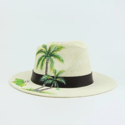 Summer Sunscreen Unicorn Hand Print Coconut Tree logo Ribbon Customized logo Print Summer Panama Straw Hat