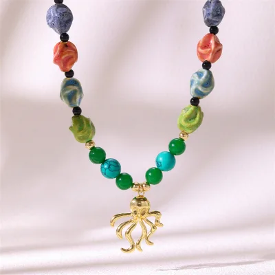 Octopus Pendant Stainless Steel Colorful Ceramics Irregular Natural Stone Bead Necklace New for Women Weekend Party Jewelry