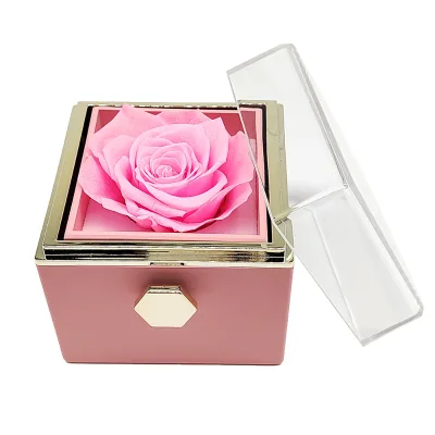 Wholesale Custom square Rotating Immortal pink Preserved Rose Flower Jewelry Packaging Gift Box