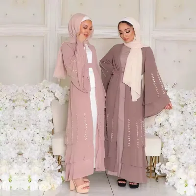 Dubai Long Chiffon Layered Abaya Dress Wholesale Flare Layered Abaya With Double Layered Sleeves Islamic Clothing