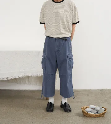 Men's Vintage Washed Cotton Cargo Pants, Loose Fit Cropped Length with Multi Pockets