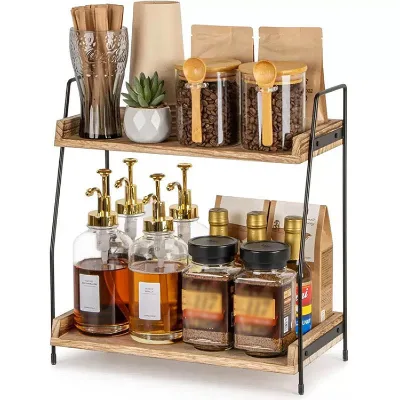 2 Tier Coffee Station Organizer Wood Storage Rack Kitchen Countertop Organizer for Kitchen Home