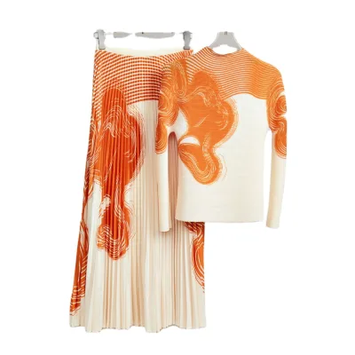 Miyake Runway Two Piece Set Women Flower Print High Stretchy Pullover T-Shirts + Pleated Long Skirts Suit Female Outfits