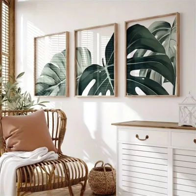 3pcs/Set Finished Framed Canvas Poster Modern Art Tropical Plant Turtleback Bamboo Leaf Painting Botanical Illustration Wall Art