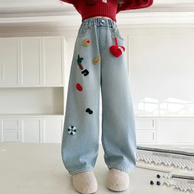 Children's Clothing Casual Denim Wide Leg Straight-Leg for Kids Girls Clothing Girl Baggy Jeans