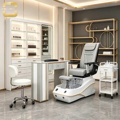 Luxury Gold Metal Partition Display Shelf Decorative Salon Storage Rack With Closed Cabinet for Beauty Spa & Nail Salon