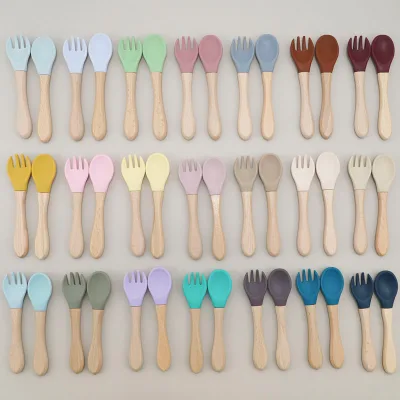 New Color Baby Wooden Handle Fork Spoon Match Set Baby Training Tableware Food Safe Baby Beech Fork Spoon