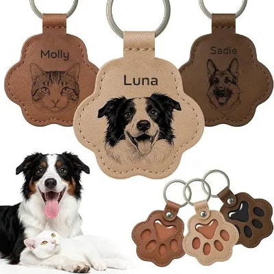 Cross-border Pet Hair Storage Leather Keychain Dog Hair Keepsake Pendant Laser Engraved Cute Dog Paw Keyring