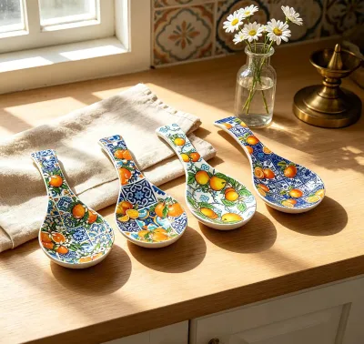 Wholesale Mediterranean Citrus Olive Tile Art Ceramic Souvenir Spoon Lemon Orange Fruit Floral Wall Hanging Decor Gift