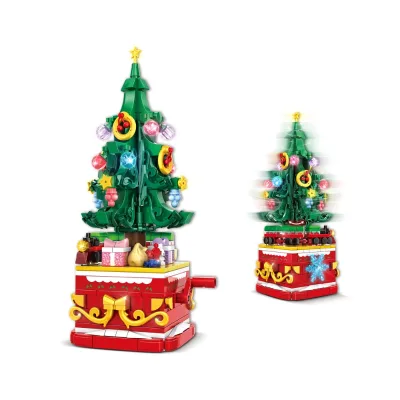 366pcs Rotating Christmas Tree Model Building Blocks Set DIY Assembly Decoration Bricks Christmas Tree Building Toy with Lights