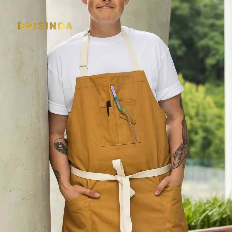 Wholesale Eco-friendly Customized Barista Linen Viscose Cooking Kitchen Waist Sleeveless Apron with Pockets