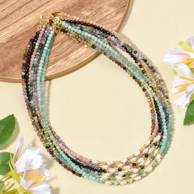 Elegant Boho Jewelry 3mm Natural Stone Sunstone Tourmaline and Freshwater Pearl Beads Necklace for Women and Friendship Present