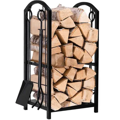 Fireplace Rack Indoor Bin Log Holder Fireplace Tool Rack Tall Wood Log Rack With Wrought Iron Tools Black