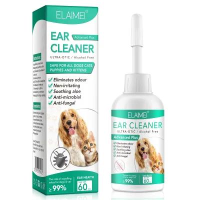 ELAIMEI Private Label Non Irritating Anti Fungal Microbial Soothing Aloe Eliminates Odour 60ml Pet Cat Dog Ear Cleaner