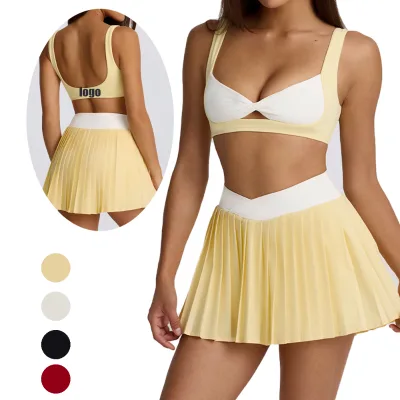 Hot Selling False Two Pleated Skirt Deep U Tennis Set Women  Hollow Out Back Active  High Waist Yoga Set