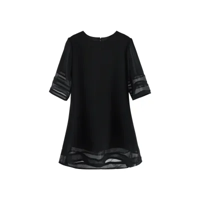 Girls' Summer Black Casual Dress with O-neck 3/4 Bell Sleeve Button Decoration Solid Knee-length with Mesh Panel for Children