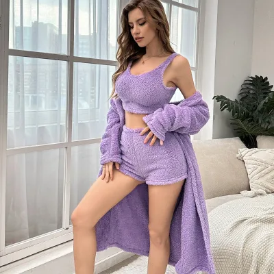 Custom 3-Piece Women's Flannel Onesie Adult Pajama Set Plus Size Simple Style Thermal and Breathable Nightwear with Pants