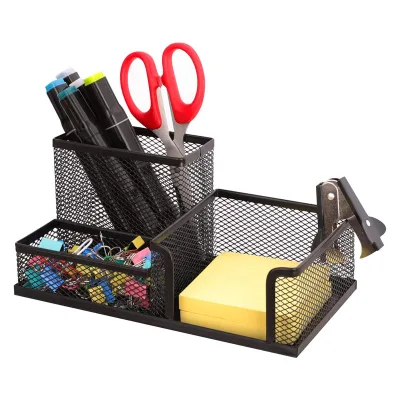 Metal Mesh Desk Organizer with 3 Compartments Strong Smooth Edge Non Slip Office Supplies Storage for Pens Clips Sticky Notes
