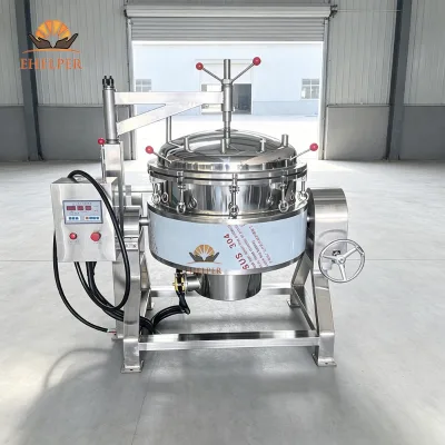 Manual Handwheel Tilting Pressure Cooking Tank 3 Layer Stainless Steel Structure Industrial Pressure Pot With Pressure Gauge