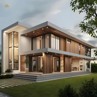 Custom Modern Natural Two-Story Villa with Wood Cladding & Floating Terrace