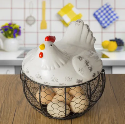 Metal Wire Egg Storage Container with Hen Shaped Ceramic Lid Farmhouse Style Egg Basket Handmade Kitchen Collecting Eggs Basket