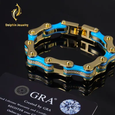 Luxury Hip Hop Cuban Link Bracelet Gold Plated Blue Enamel Moissanite Chain Bracelet for Men Women Jewelry Biker Chain Bracelet