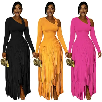 Women One Shoulder Cold Shoulder Long Sleeve Maxi Dress Layered Tassel Fringe Bodycon Evening Party Ladies Long Dress