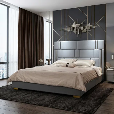 Factory Wholesale Bed Design Middle East Light Luxury Bed Room Furniture king Size Queen Leather Bed