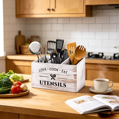 Extra Large Rustic White Wooden Utensil Crock Organizer Microwaveable Rectangle American Style Kitchen Counter Decor Carved Food