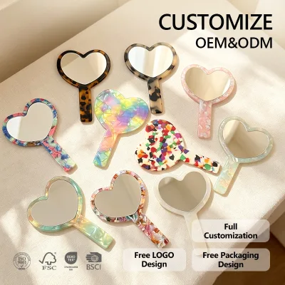 Custom Logo Heart Acetate Mirror Mini Handheld Hand Vanity Compact Travel Mirror for Boutique Retail and Gift Bundles