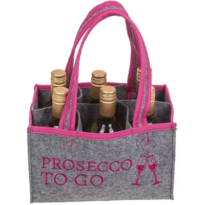 Custom Logo Grey Felt 6-Bottle Wine Tote Durable Multi-Bottle Wine Bag with Pink Accents