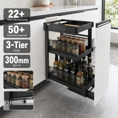 Aluminum Alloy Pull-Out Kitchen Spice Rack Cabinet Organizer with Soft Close Storage