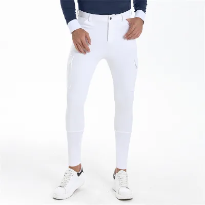 White Horse Riding Breeches for Men Comfortable & Breathable with Silicone Full Seat Phone Pockets Ready to Ship
