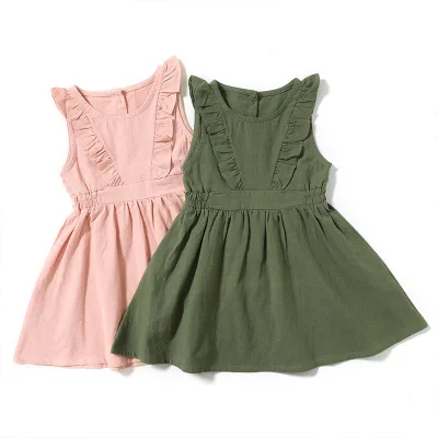 Toddler Girl Clothing Summer Trending Sleeveless Baby Girl Ruffles Linen Cotton Maxi Dress