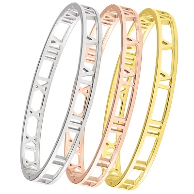 18K PVD Gold Plated Stainless Steel Roman Numeral Cutout Bangle Bracelet | | Waterproof, Hypoallergenic & Fade-resistant