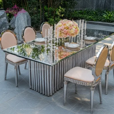 Stainless Steel Base Silver Table And White Leather Chair Set For Event Wedding Centerpiece Decoration