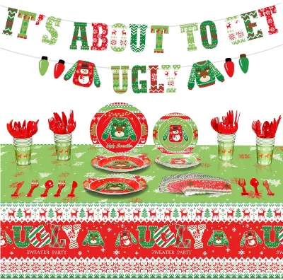 Ugly Sweater Paper Plates Cups Napkins Tablecloths Disposable Tableware Set Cutlery Banners Garland for Christmas Party Supplies