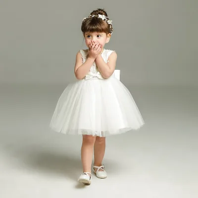 High Quality Boutique Kids Toddler Lace Flower Party Dress Big Bow Baby Girl Dresses Princess White Girl Dress