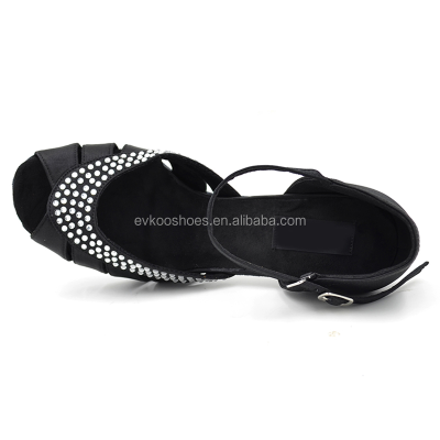 2016 Evkoodance Black Satin Popular Rhinestone Salsa Dance Shoes for Ladies