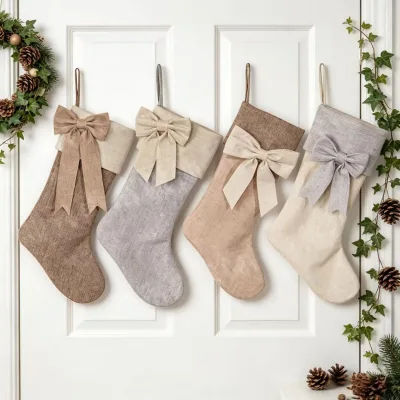 Wholesale Natural Linen Christmas Stockings Multi Neutral Colors with Bow Vintage Christmas Hanging Stocking for Home Decoration
