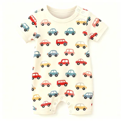 100% Organic Cotton Short Sleeves Sleepsuit for Newborn Baby Boys White Car Print Sleepwear Ruffled Sleeves 3-6 Months