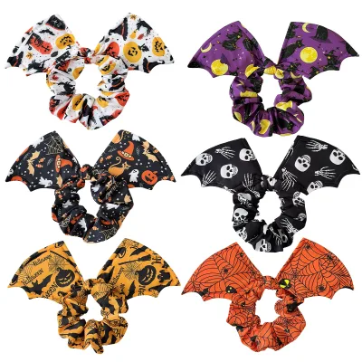 2026 Pumpkin Spider Web Pattern Hair Scrunchies with Wing for Women Halloween Ponytail Holder Decoration